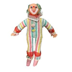 Vintage 70s Clown Doll Striped Jumpsuit Green Hair Orange Nose Fun Collectible